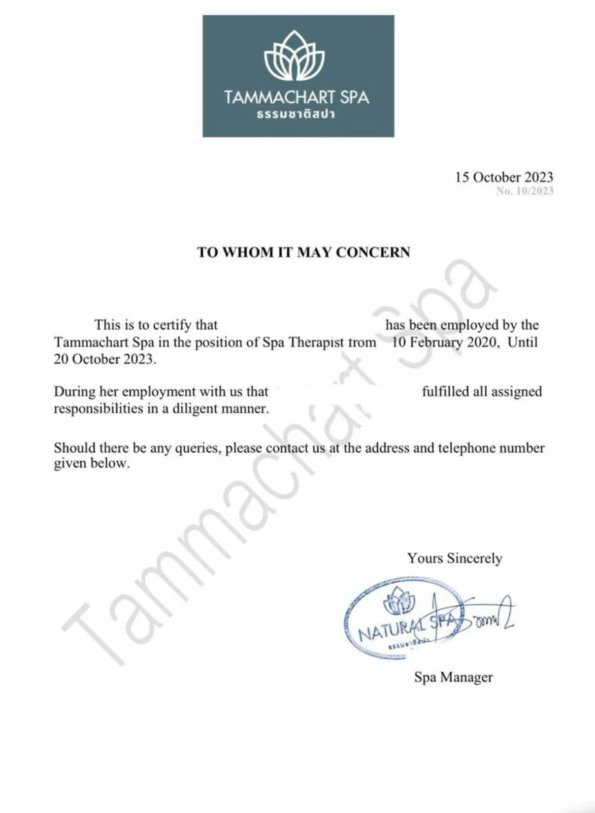 Tammachart Spa 在籍証明書